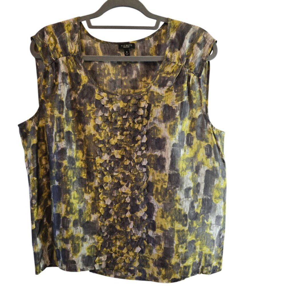 TALBOTS SILK SLEEVELESS BLOUSE SIZE 16 YELLOW GRAY ABSTRACT PRINT